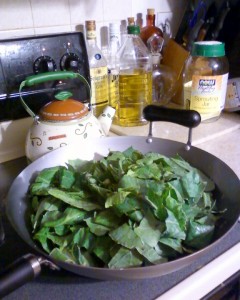 A pound of chopped collards with the tough stems removed.